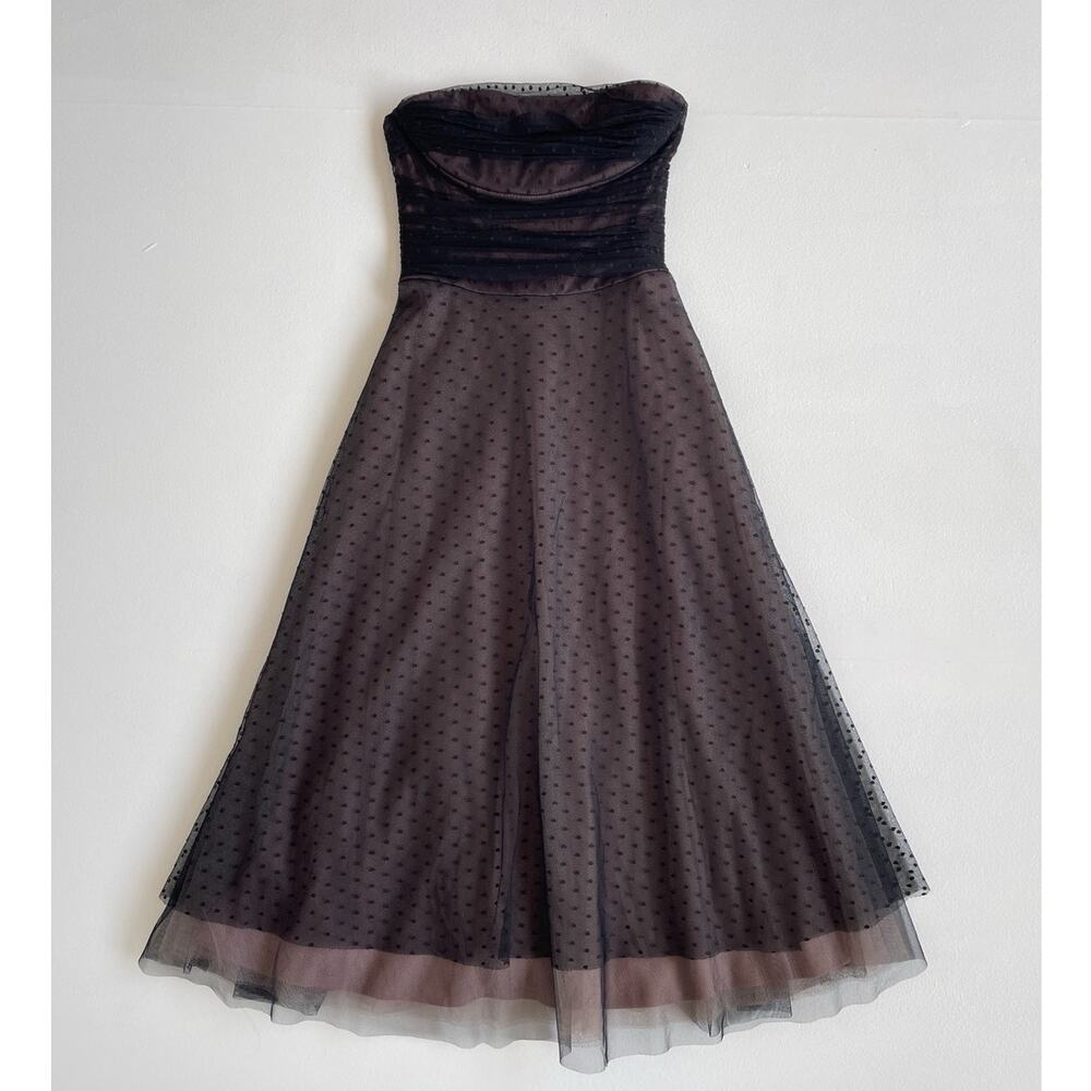 Vtg Y2K Black Tulle Polkadot Strapless Dress· Goth Prom Glam 2000s BCBG